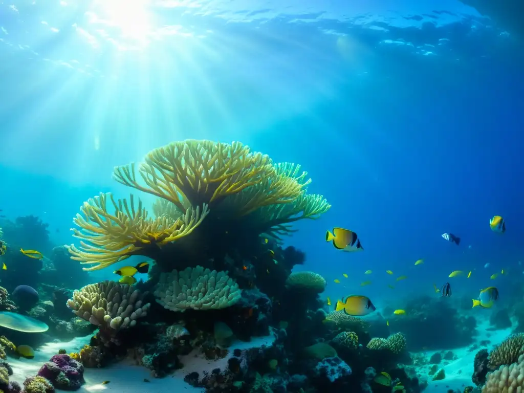 Un vibrante ecosistema marino con arrecifes de coral, peces tropicales y plantas marinas