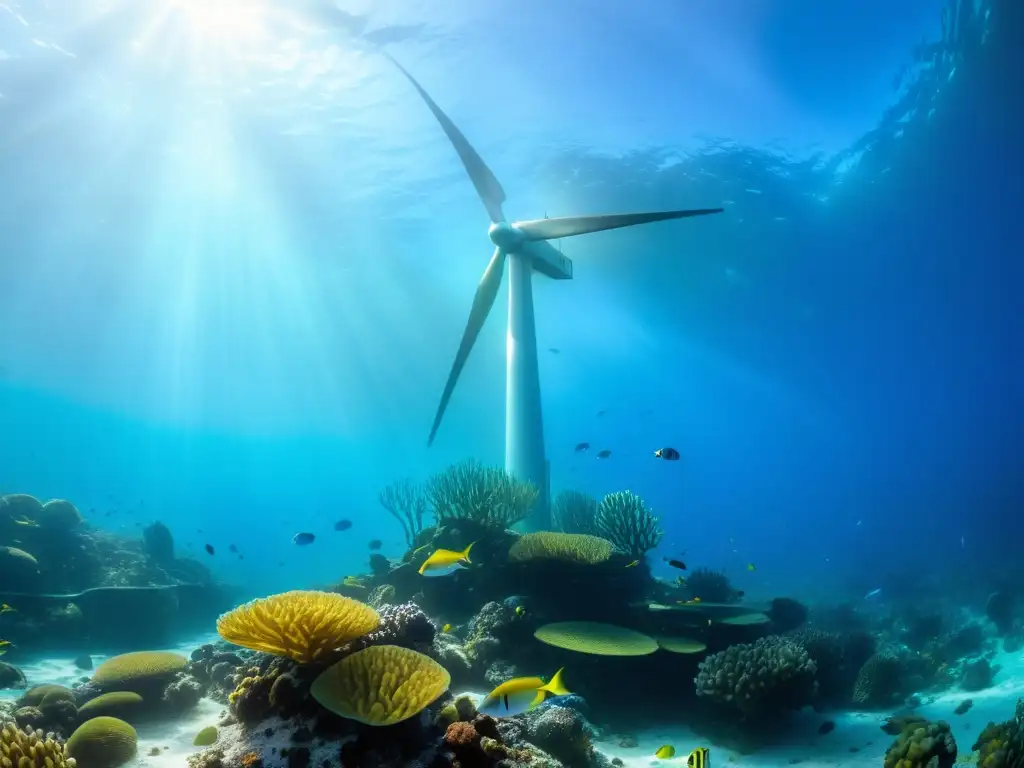Ecosistema marino vibrante alrededor de una turbina eólica Vibrante ecosistema marino alrededor de una base de energía eólica marina sostenible, con peces coloridos, algas y corales