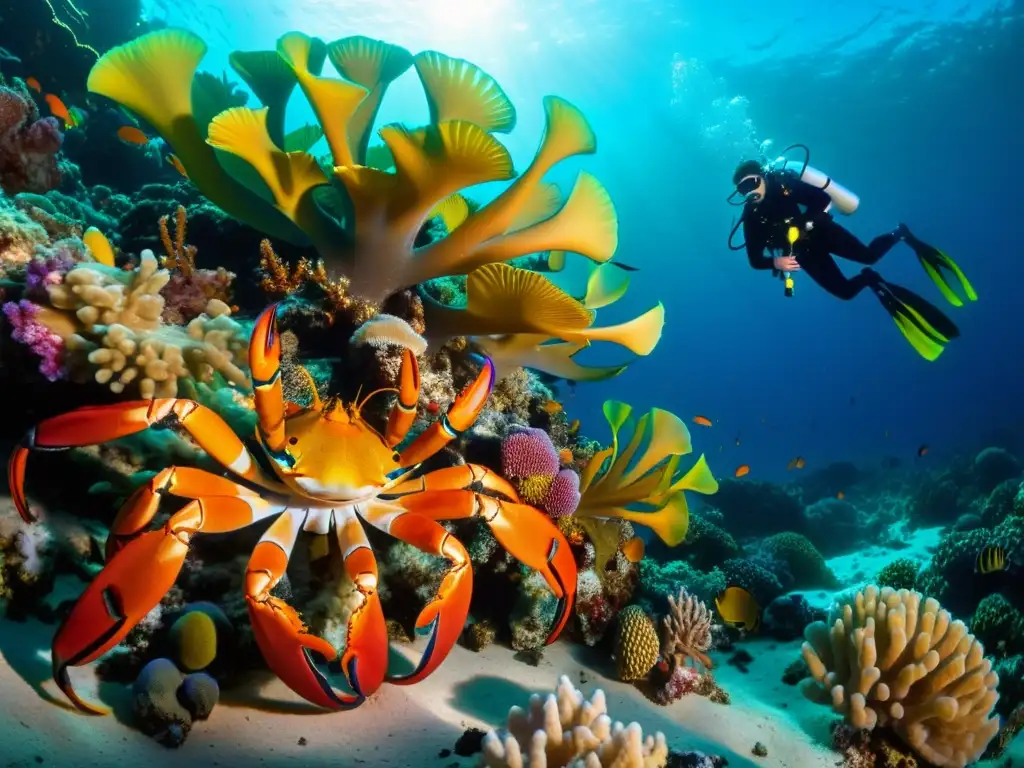 Un vibrante ecosistema marino con cangrejos y langostas en un arrecife de coral, atrapando la belleza de la vida marina