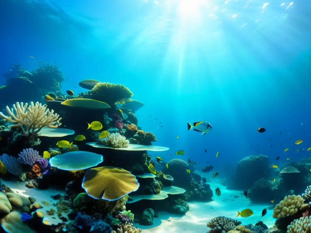 Un vibrante ecosistema marino en una colorida barrera de coral, hogar de peces, tortugas y plantas