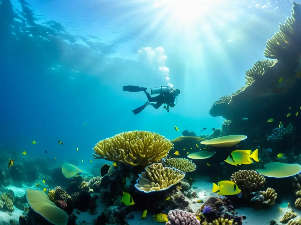 Un vibrante ecosistema marino con coral, peces coloridos y científicos colaborando en monitoreo marino