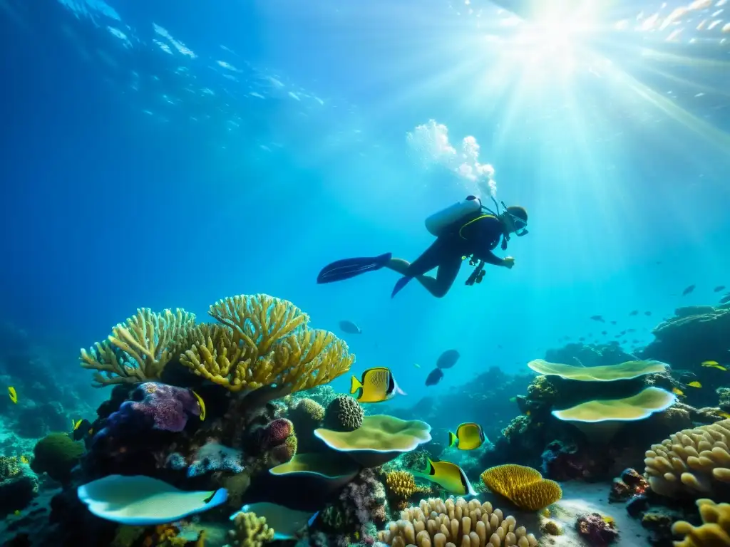 Un vibrante ecosistema marino con coral, peces coloridos y luz solar