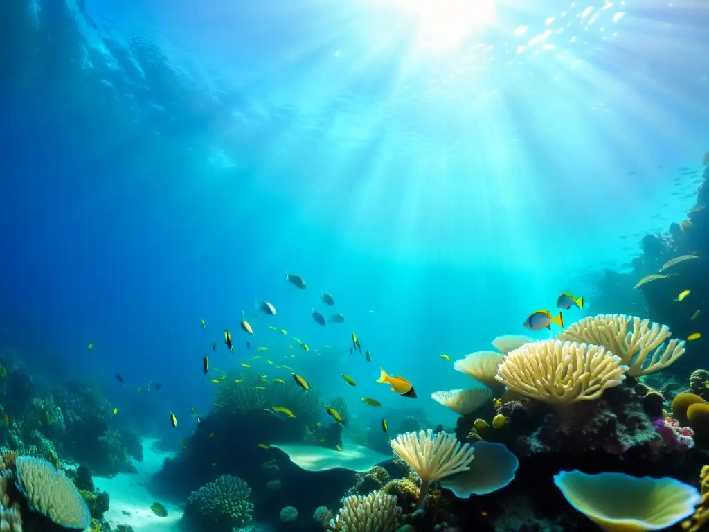 Vibrante ecosistema marino con corales, peces coloridos y efecto solar