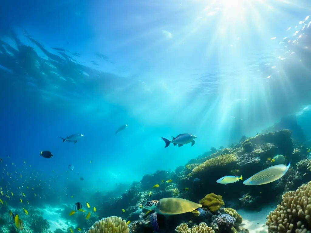 Un vibrante ecosistema marino con corales, peces y tortugas