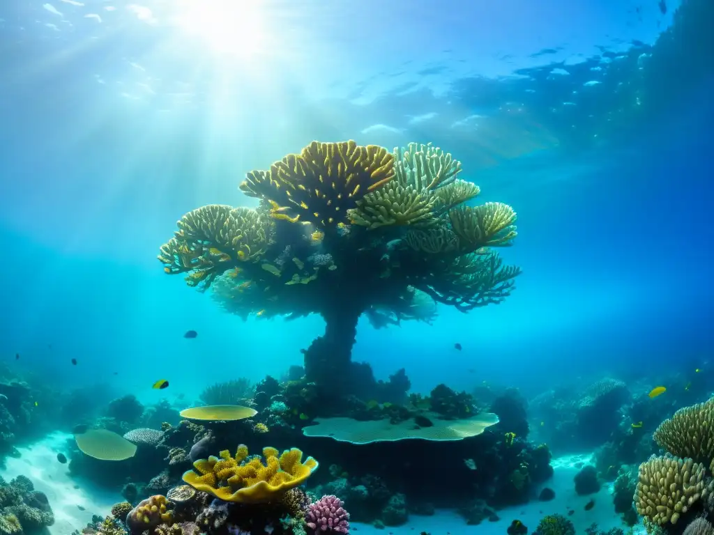 Vibrante ecosistema marino con corales de diversos colores y especies, iluminado por rayos de sol