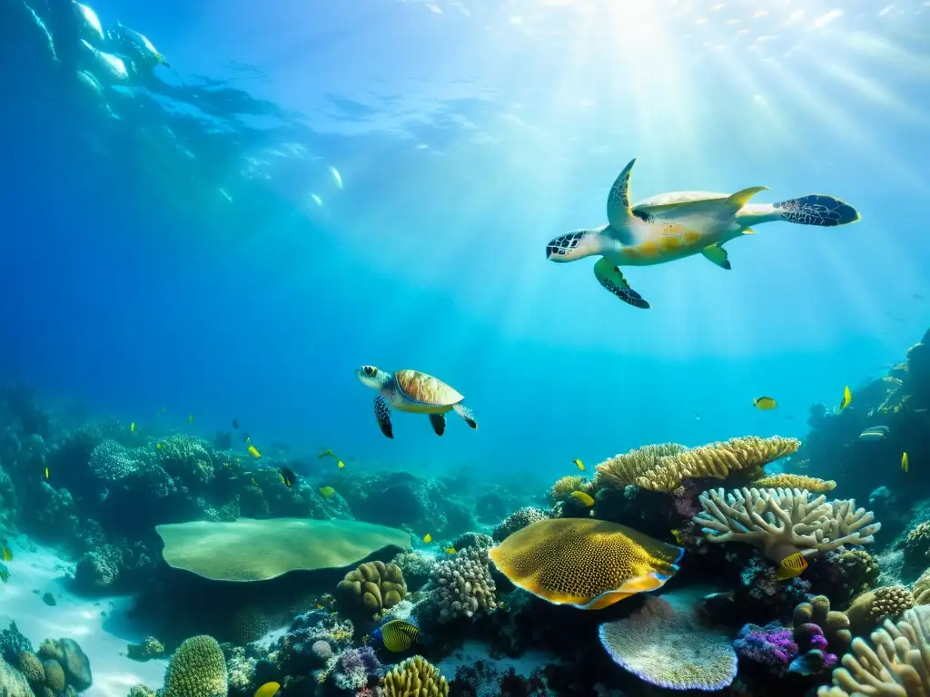 Un vibrante ecosistema marino con corales, peces tropicales y tortugas, retratando la belleza del asado de mariscos ecológico