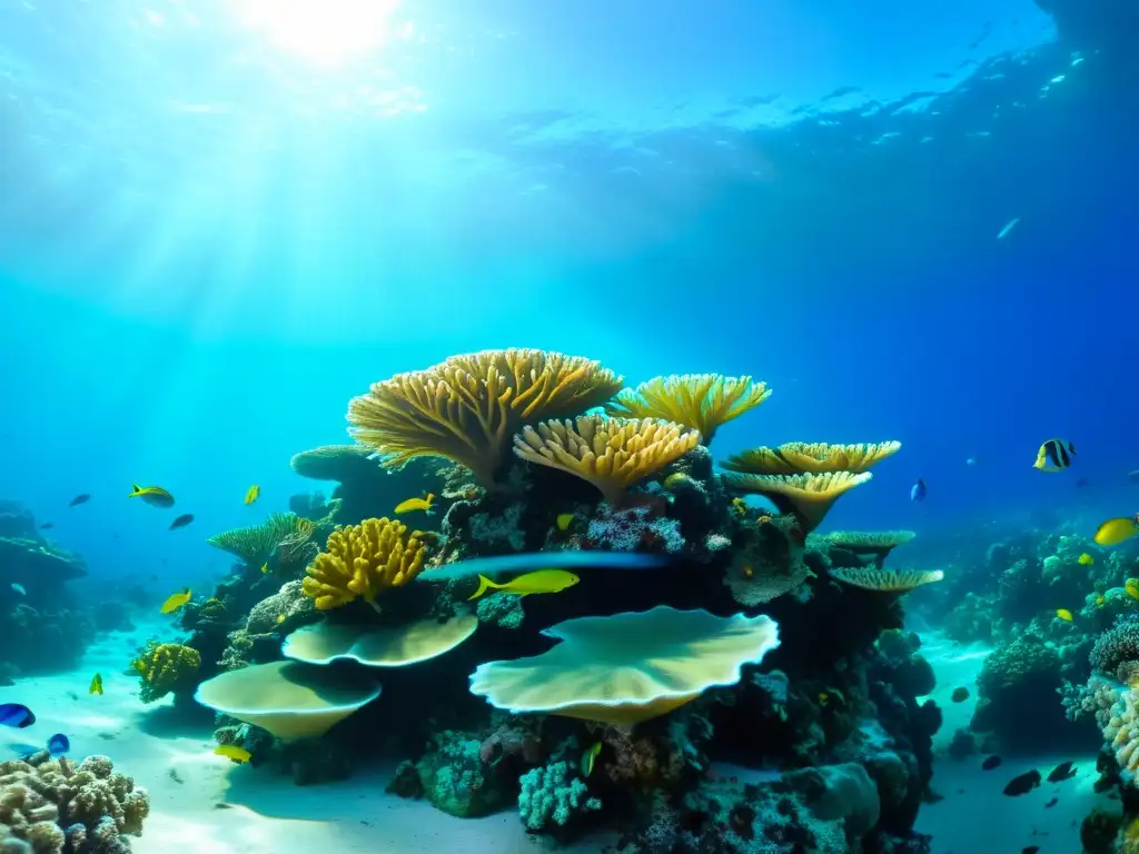 Vibrante ecosistema marino con reproducción de corales en diversidad de formas y colores, peces tropicales nadando entre ellos