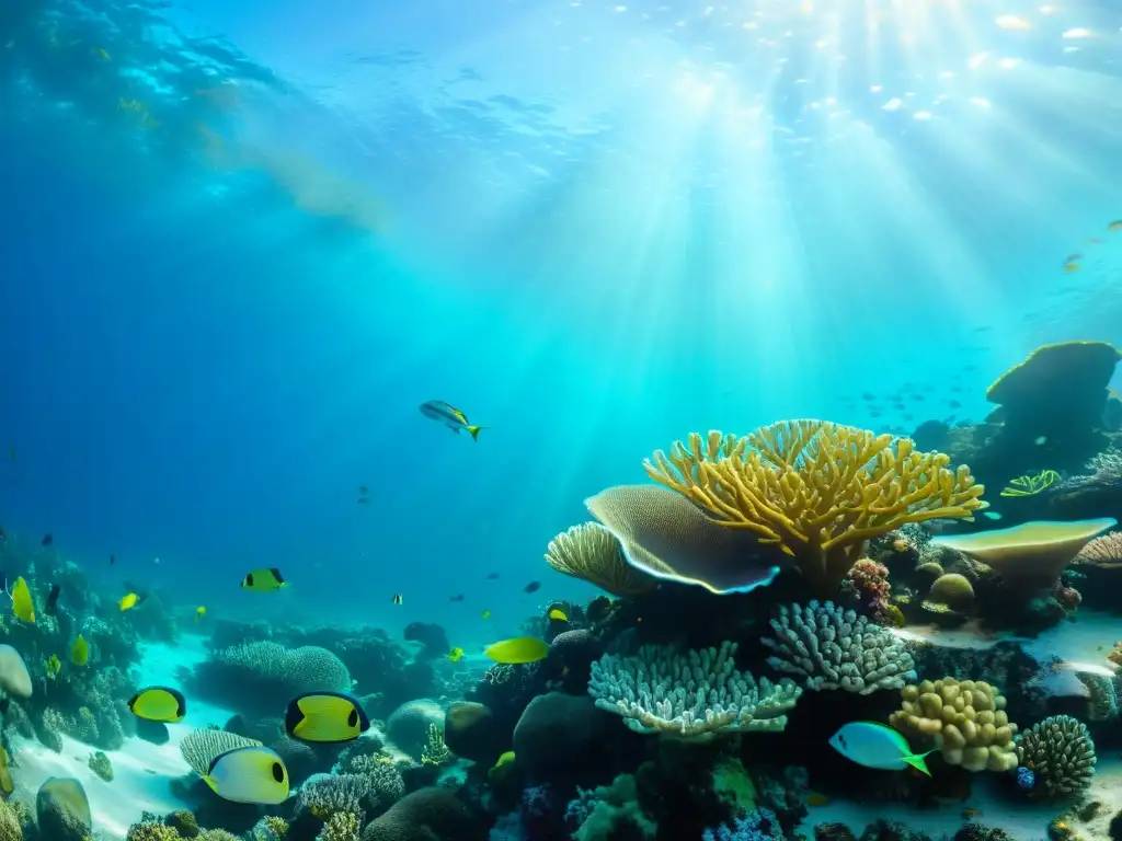 Vibrante ecosistema marino con corales, peces tropicales, una tortuga y barracudas