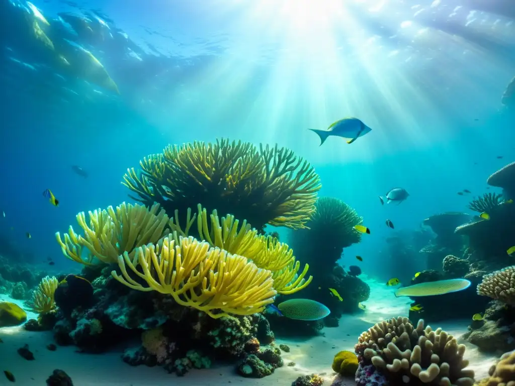 Vida salvaje en el desierto submarino: Estrategias de alimentación Un vibrante ecosistema marino con estrategias de alimentación en desiertos submarinos, donde la vida prospera entre corales y peces coloridos