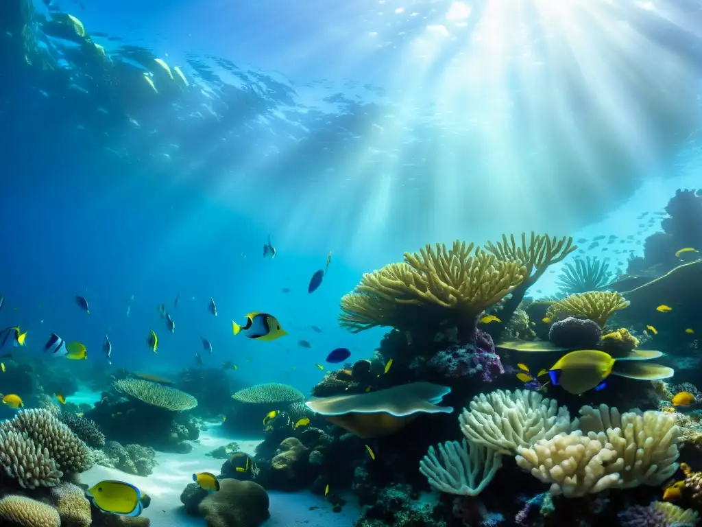 Vibrante ecosistema marino con impacto del CO2 en océanos: arrecife de coral colorido, peces tropicales y plantas marinas