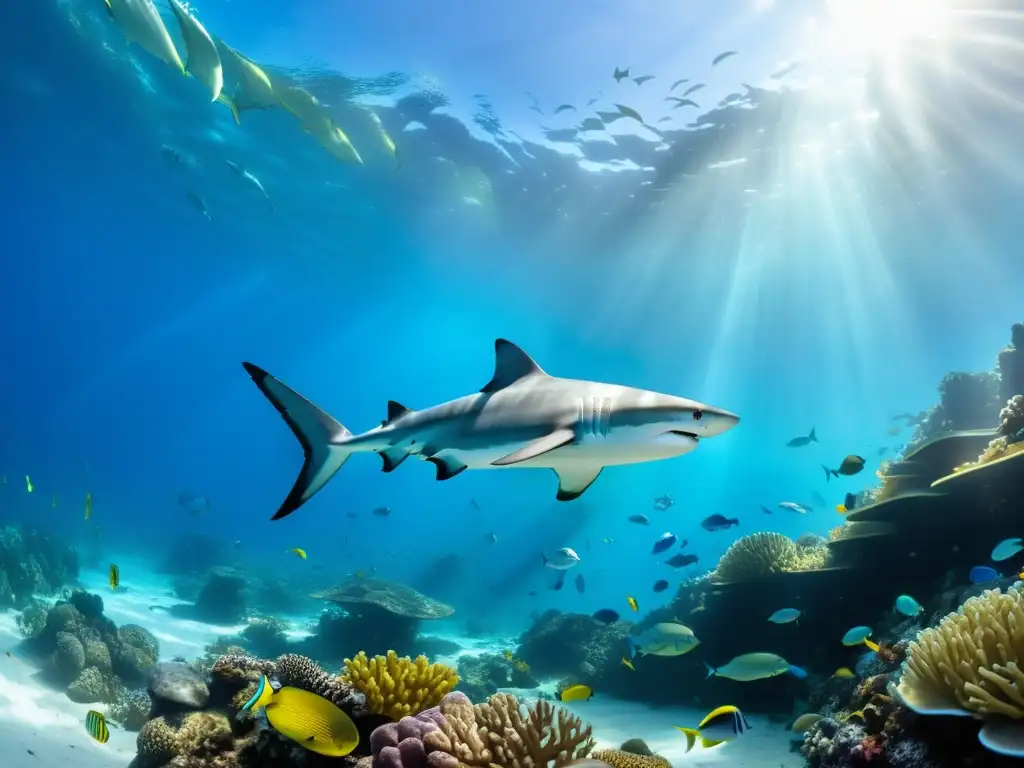 Vibrante ecosistema marino con impacto extinción tiburones, vida marina colorida y arrecifes de coral, reflejando la interconexión