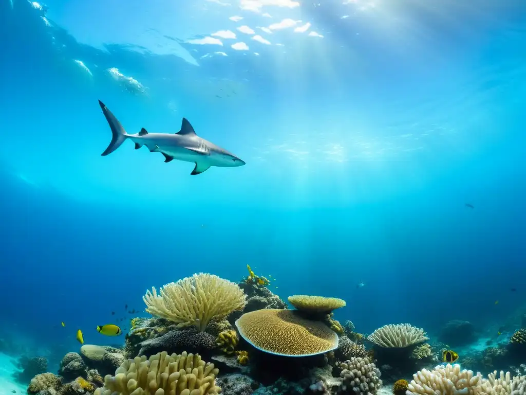 Vibrante ecosistema marino en 8k, resaltando la importancia de grandes depredadores para la salud y diversidad del mar