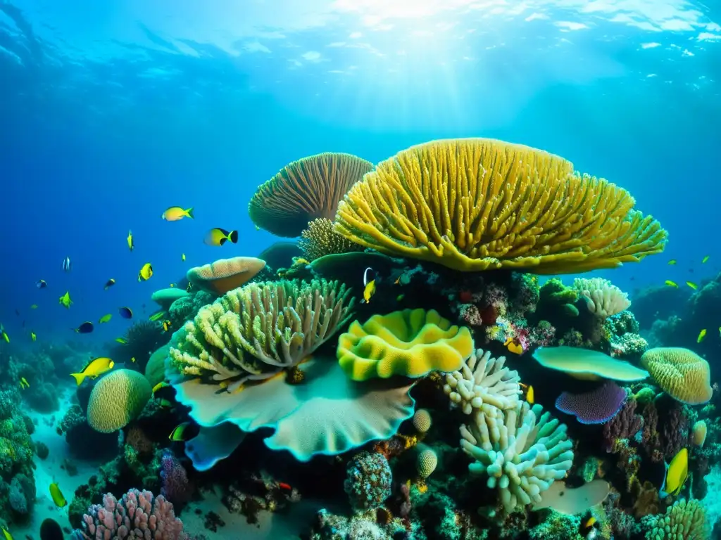 Un vibrante ecosistema marino con esponjas marinas en diversas formas y colores, rodeadas de vida marina