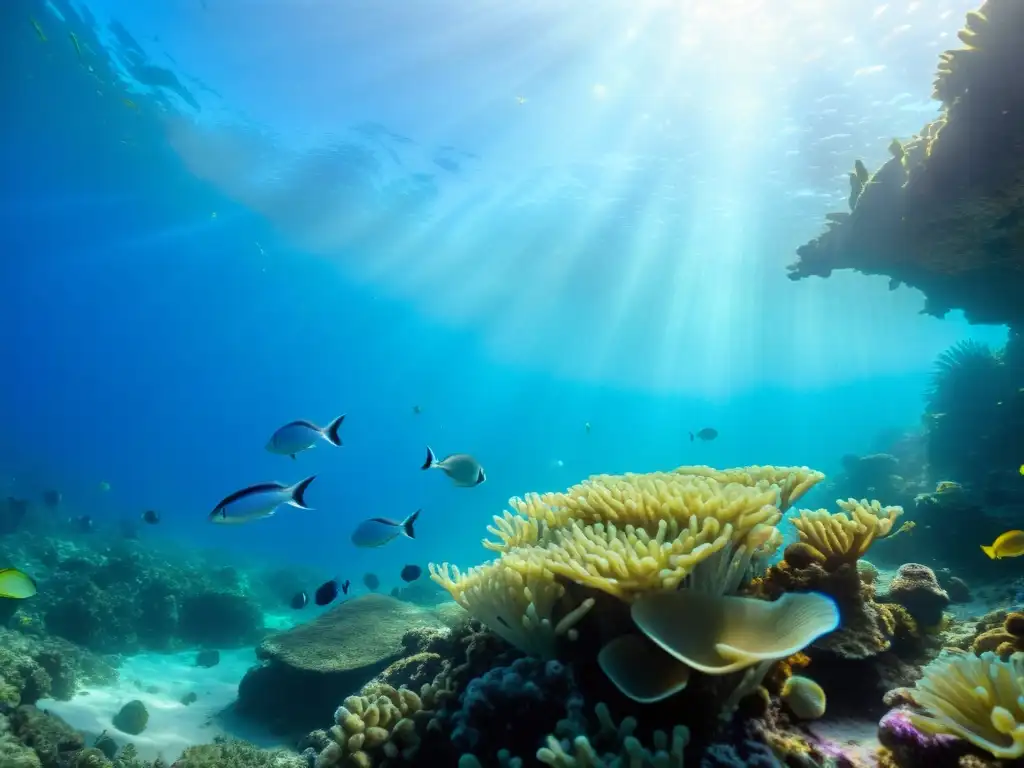 Vibrante ecosistema marino con microorganismos, peces plateados y corales