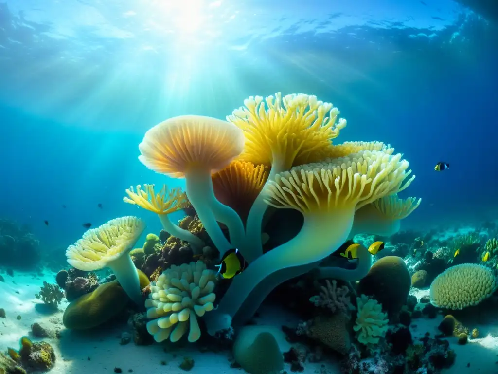 Un vibrante ecosistema marino con microorganismos y corales, destacando la importancia de la conservación oceánica