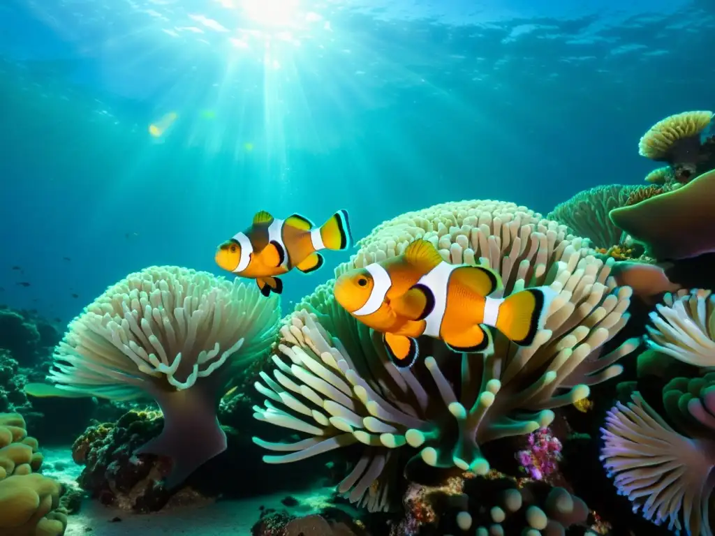 Un vibrante ecosistema marino, con peces payaso y coloridos corales en un arrecife