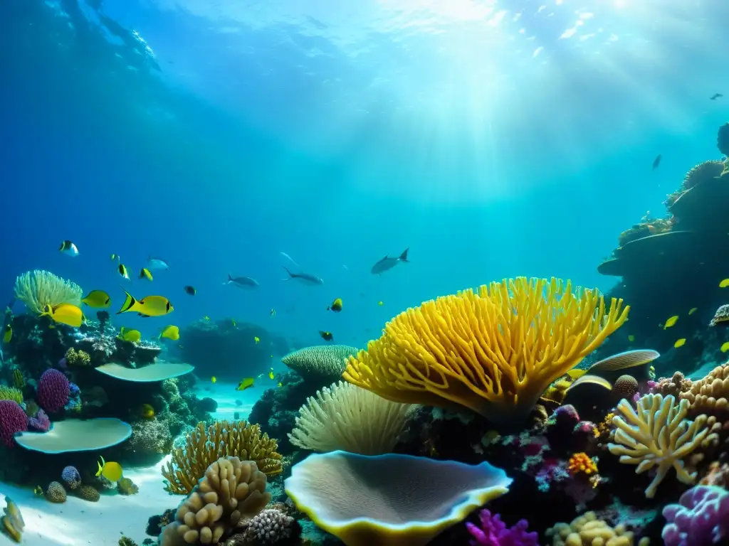 Un vibrante ecosistema marino con peces coloridos y formaciones de coral, resaltando la importancia del equilibrio del sustrato en acuario marino