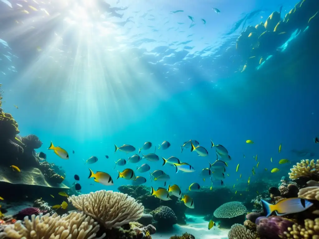 Un vibrante ecosistema marino con peces coloridos entre corales, iluminado por la luz del sol