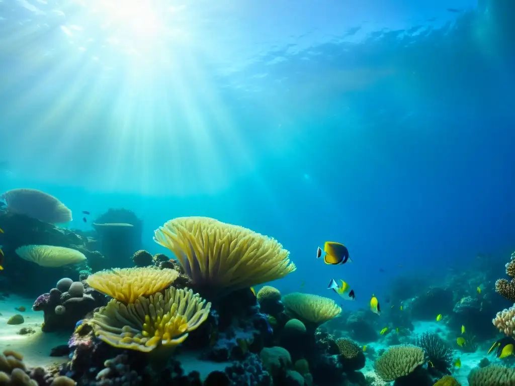 Un vibrante ecosistema marino con peces coloridos, anémonas y formaciones de coral bajo el agua cristalina