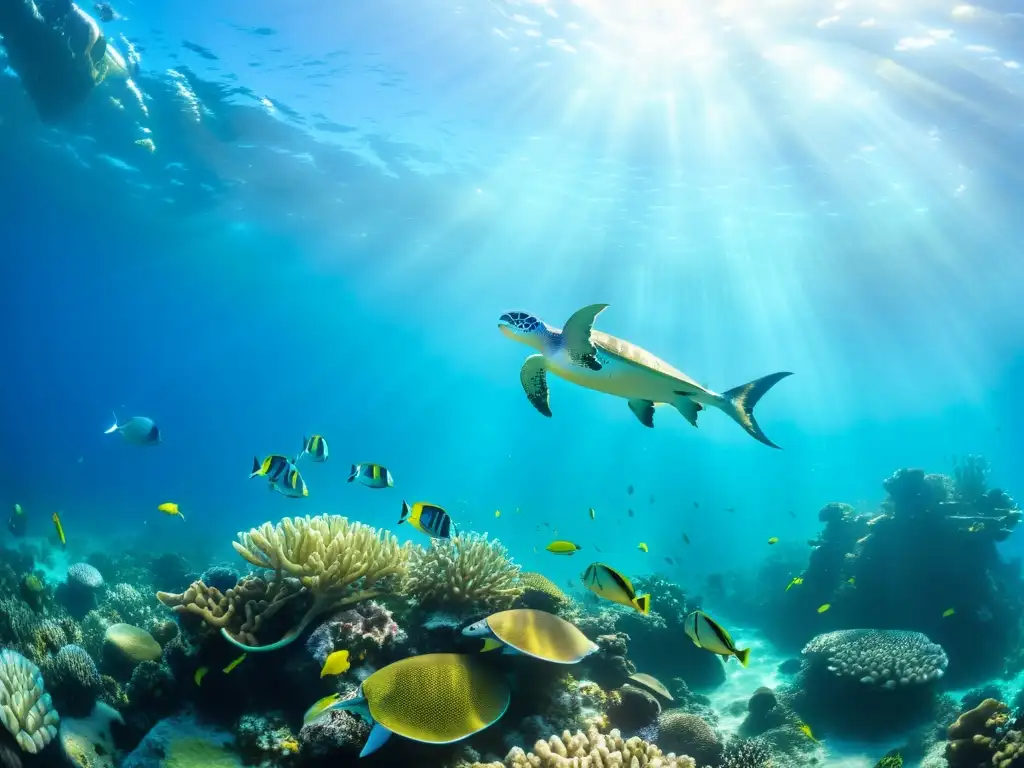 Un vibrante ecosistema marino con peces coloridos, plantas marinas y tortugas en aguas cristalinas