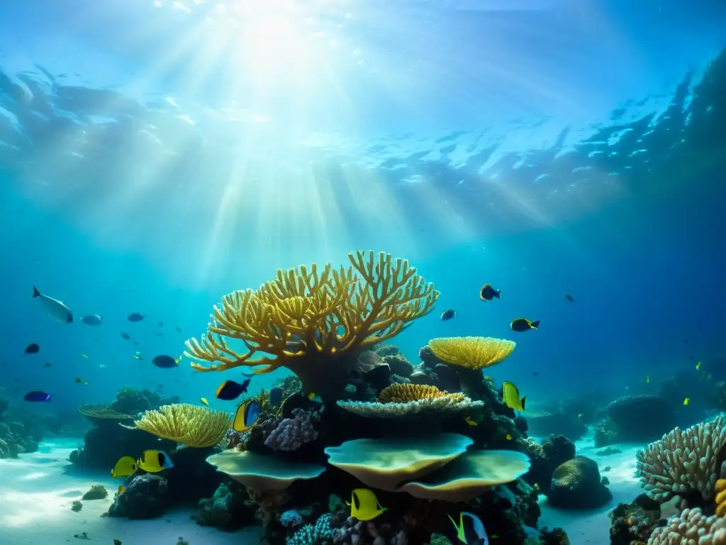 Un vibrante ecosistema marino con peces coloridos, plantas marinas y arrecifes de coral