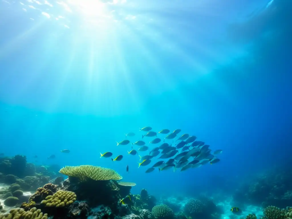 Un vibrante ecosistema marino con peces coloridos y corales, iluminado por la luz del sol