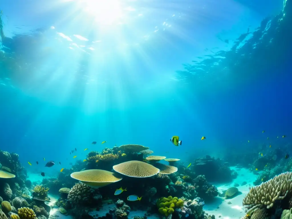 Un vibrante ecosistema marino con peces coloridos, tortugas marinas y corales