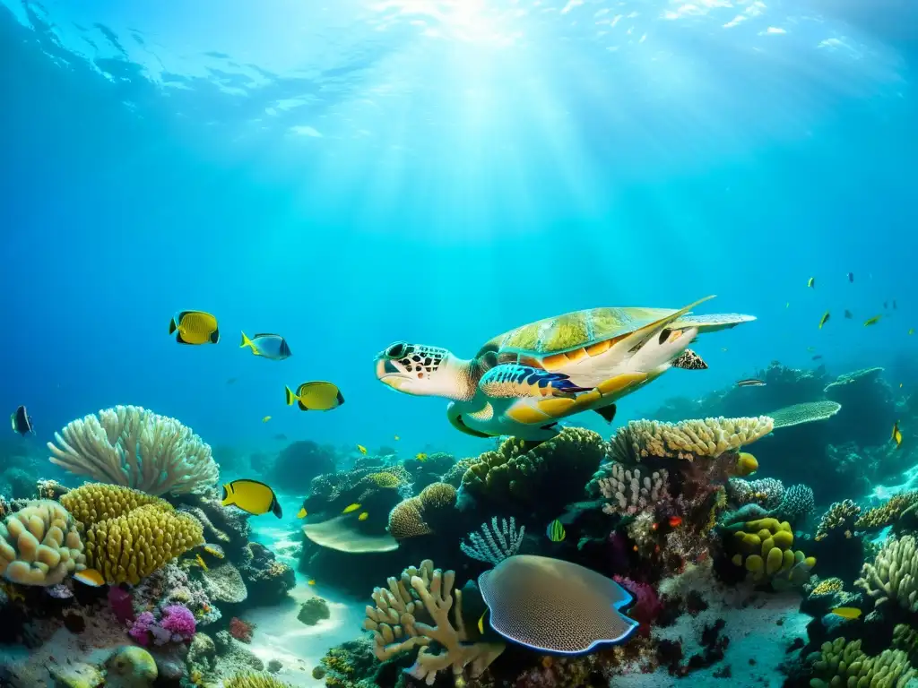 Un vibrante ecosistema marino con peces tropicales, corales coloridos y una majestuosa tortuga marina