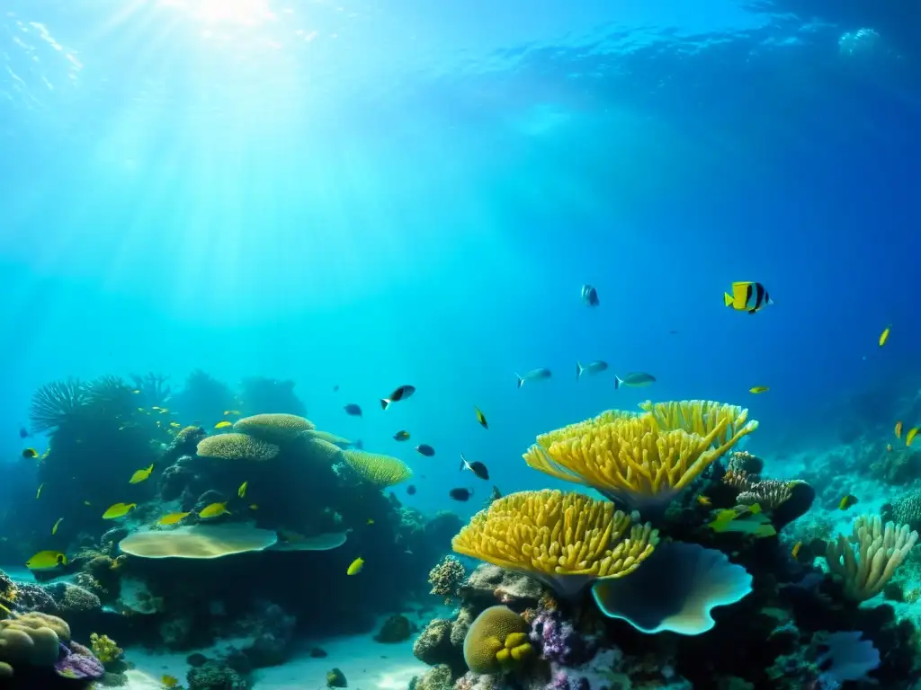 Un vibrante ecosistema marino, con peces coloridos y corales, mostrando los beneficios de invertir en plásticos biodegradables marinos