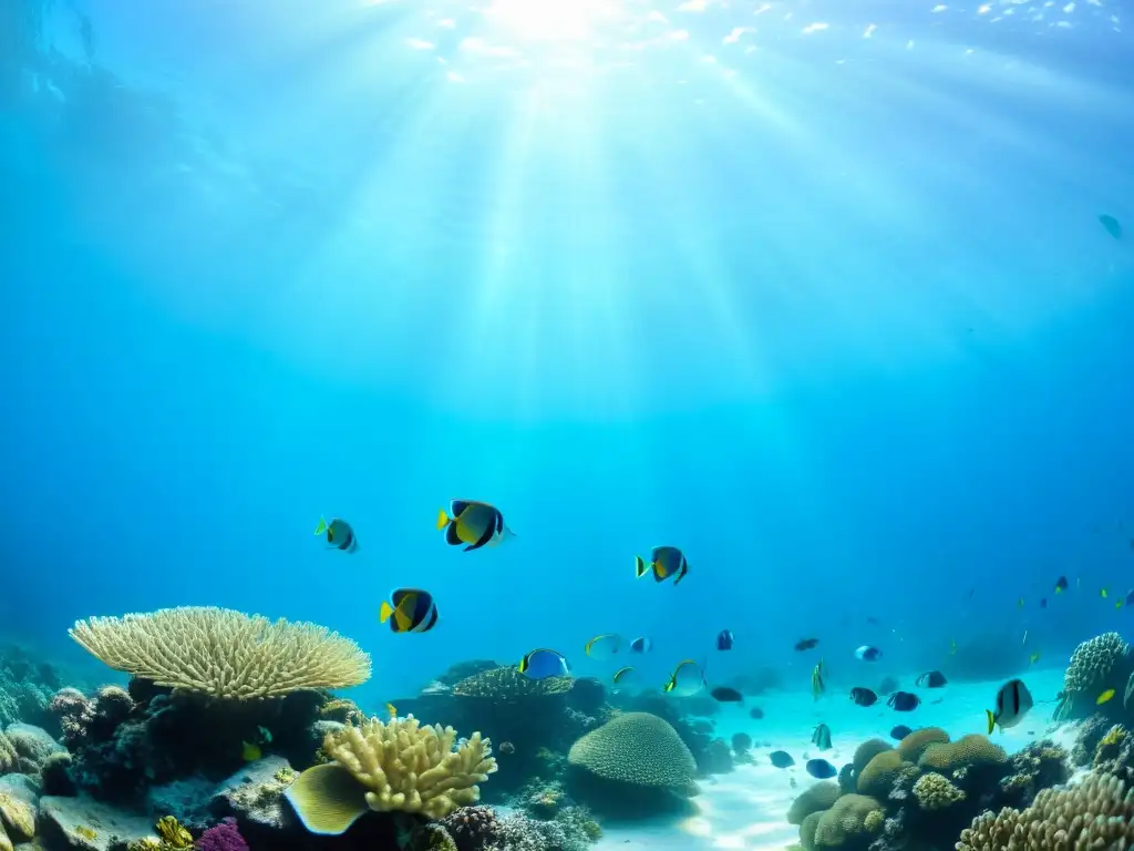 Un vibrante ecosistema marino con peces coloridos y una tortuga marina, resaltando la importancia de la ropa sostenible para conservación marina