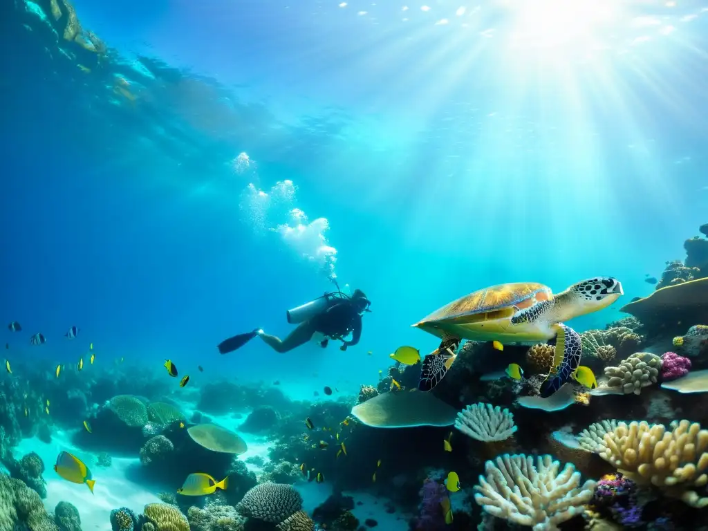 Vibrante ecosistema marino con peces, corales y tortugas