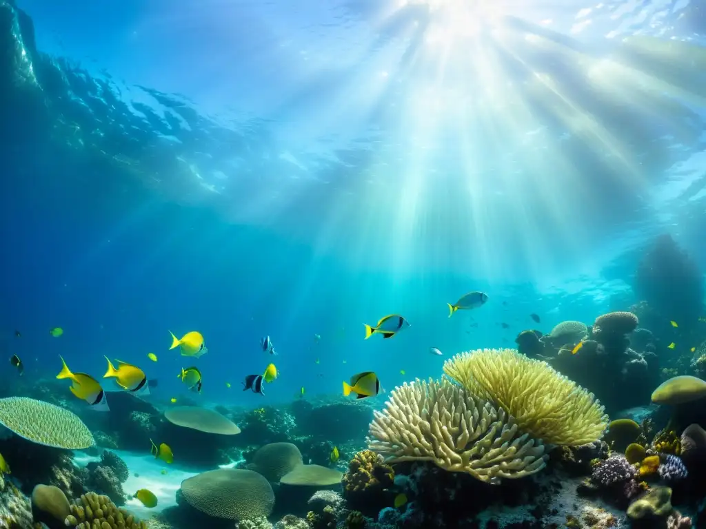 Un vibrante ecosistema marino con peces coloridos y plantas, iluminado por la luz solar