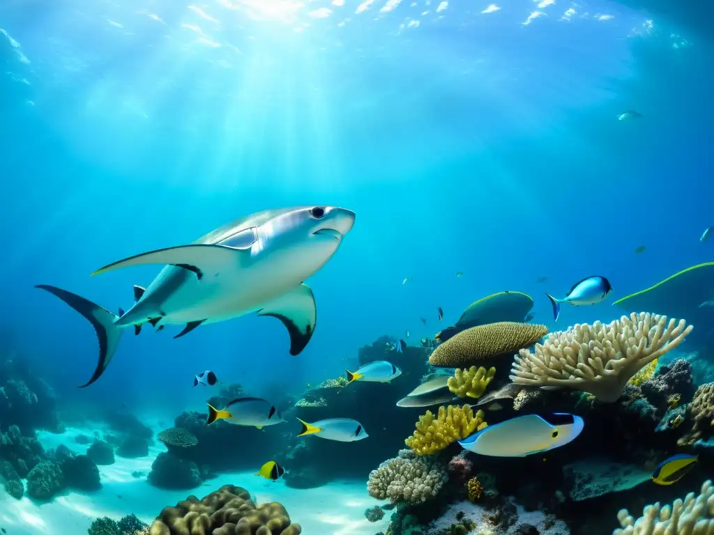 Un vibrante ecosistema marino con peces tropicales, plantas marinas y una majestuosa raya manta