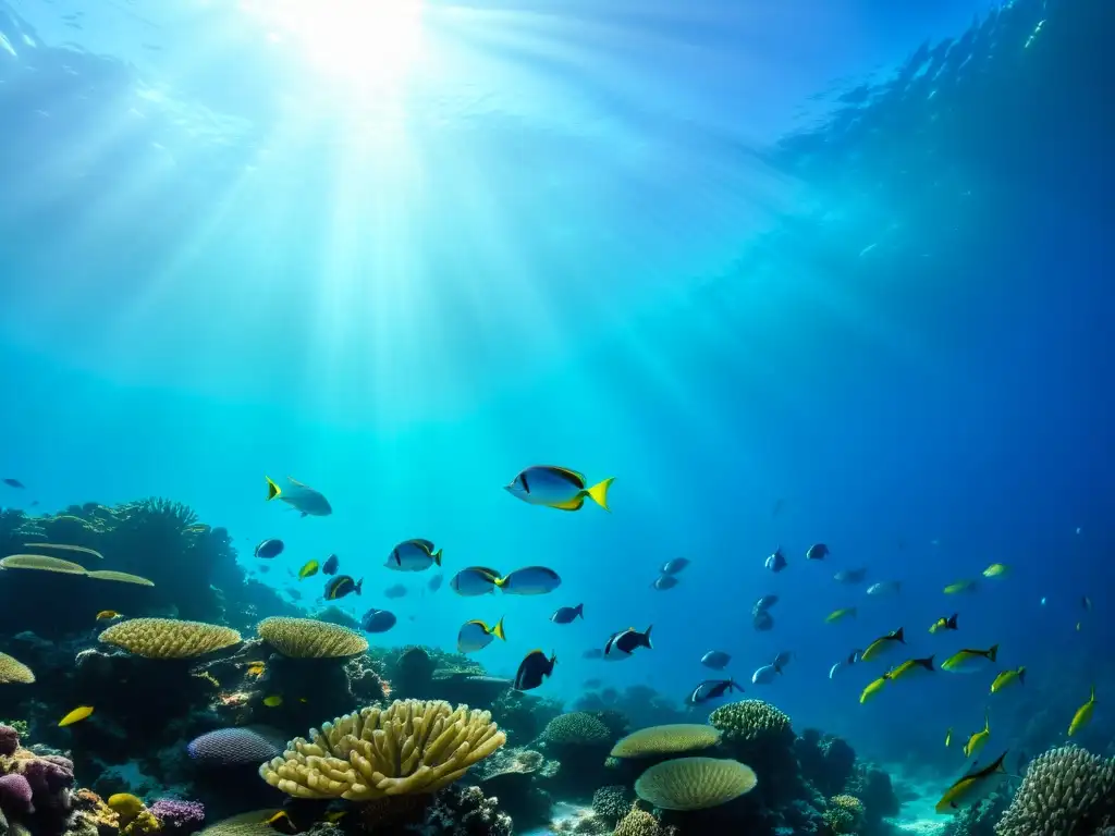 Un vibrante ecosistema marino con peces de colores entre arrecifes de coral, iluminado por rayos de sol