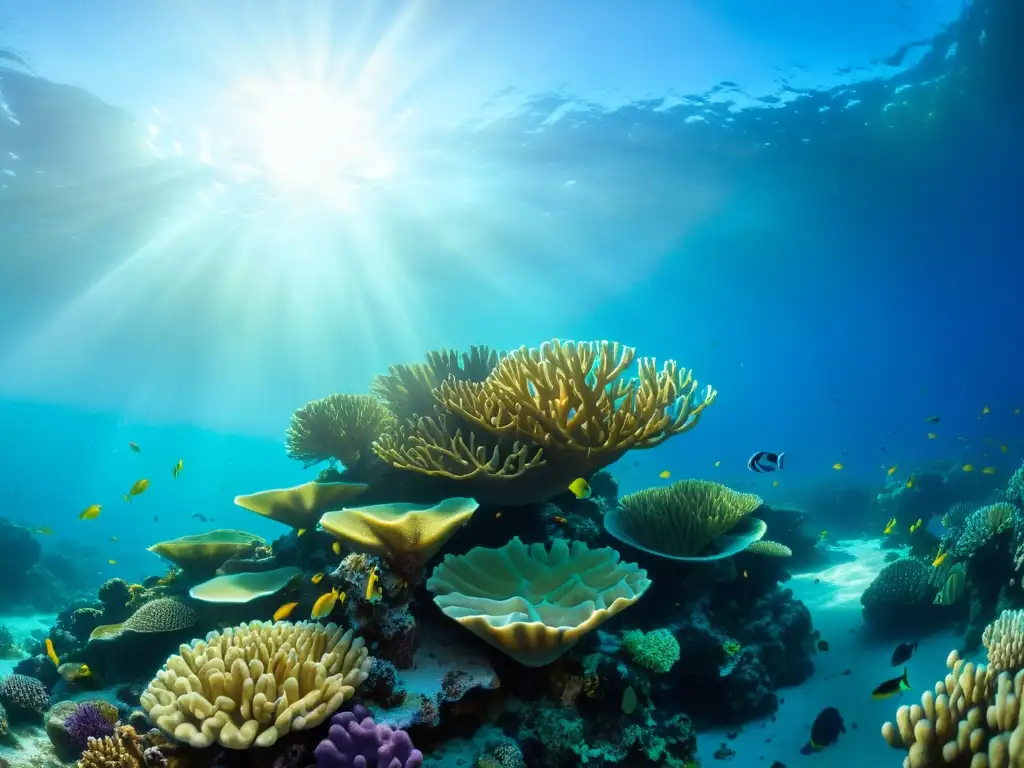 Un vibrante ecosistema marino con peces coloridos, tortugas marinas y formaciones de coral, iluminado por rayos de sol