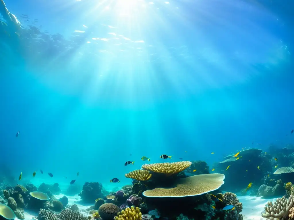 Vibrante ecosistema marino en peligro: arrecife de coral repleto de vida marina colorida y peces, bajo aguas turquesas cristalinas