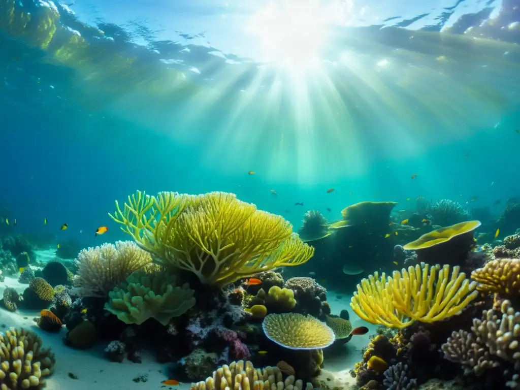 Un vibrante ecosistema marino con potencial médico en microorganismos marinos, coral, vida marina y patrones de luz