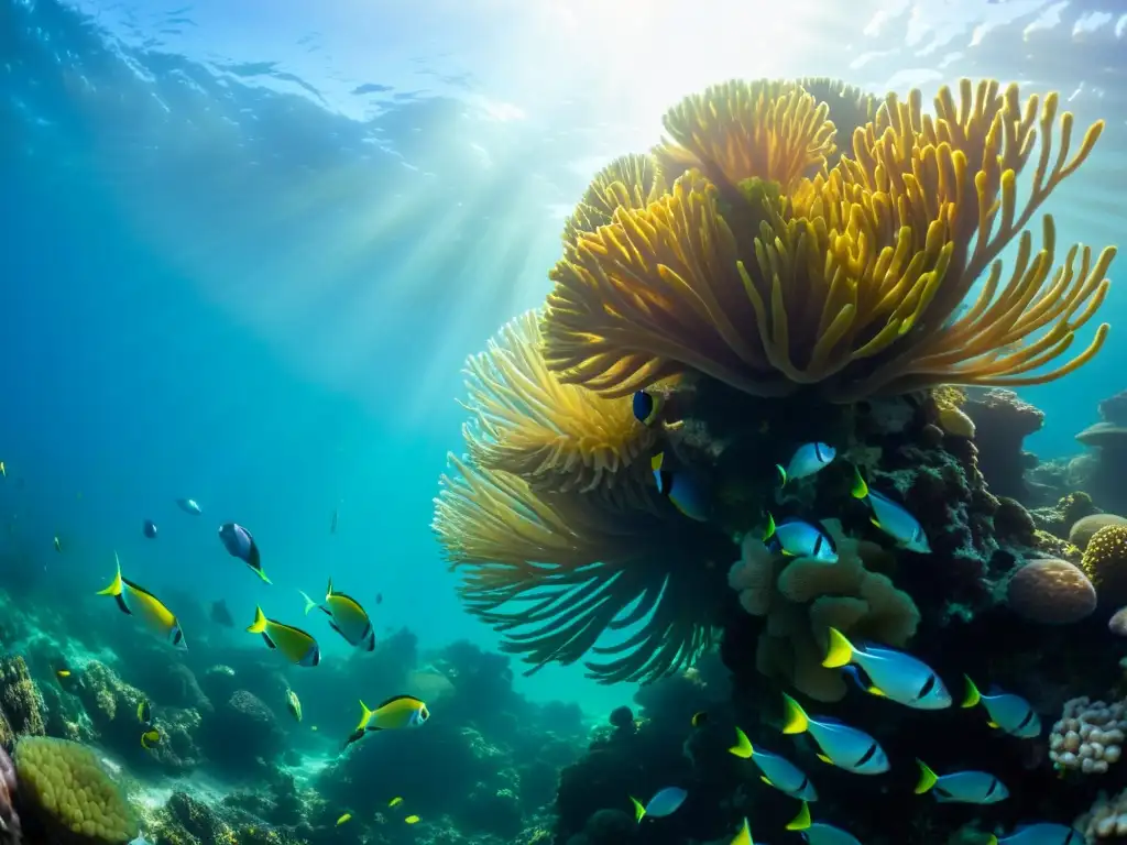 Un vibrante ecosistema marino de simbiosis entre especies, con peces coloridos, anémonas y algas