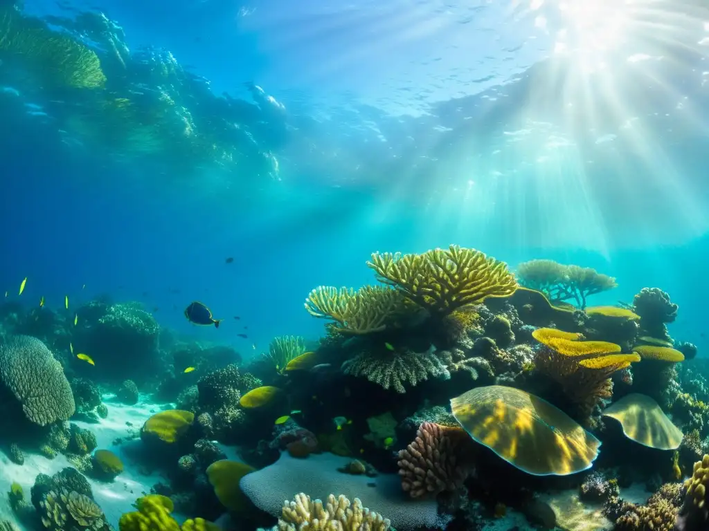 Un vibrante ecosistema marino en una fotografía submarina, con peces coloridos, una tortuga marina, y energía undimotriz conservación marina