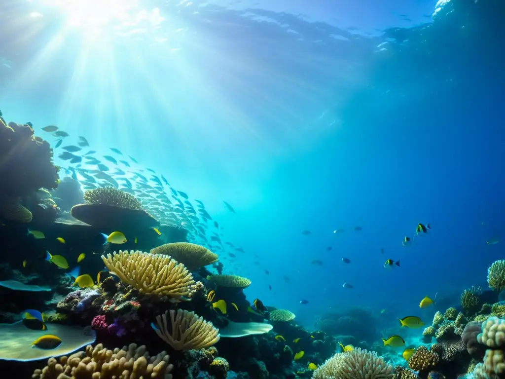 Un vibrante ecosistema submarino con un banco de peces de arrecife coloridos entre formaciones de coral