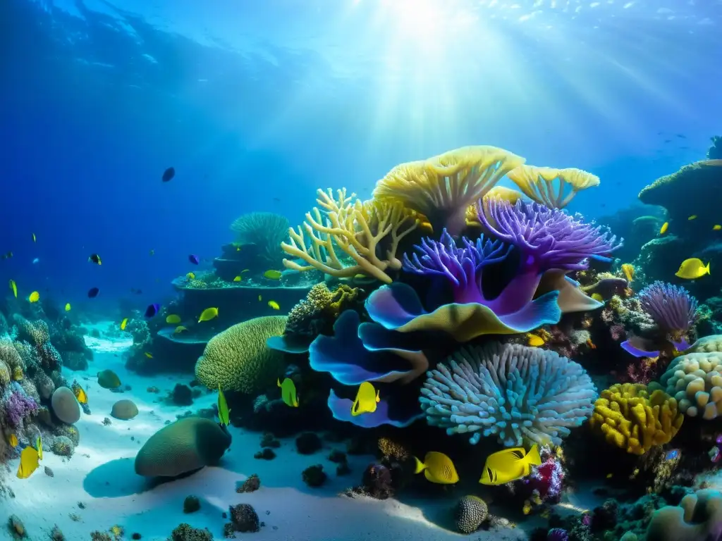 Un vibrante ecosistema submarino con corales en tonos de púrpura, azul y amarillo, lleno de vida marina