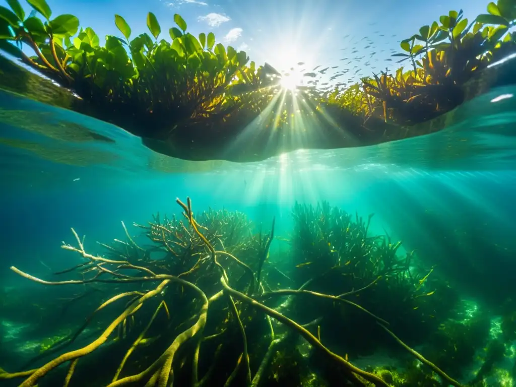 Vibrante ecosistema submarino resaltando la importancia de los manglares costeros para la biodiversidad marina