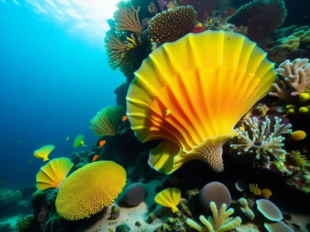 Un vibrante ecosistema submarino con esponjas marinas de colores variados, rodeadas de vida marina