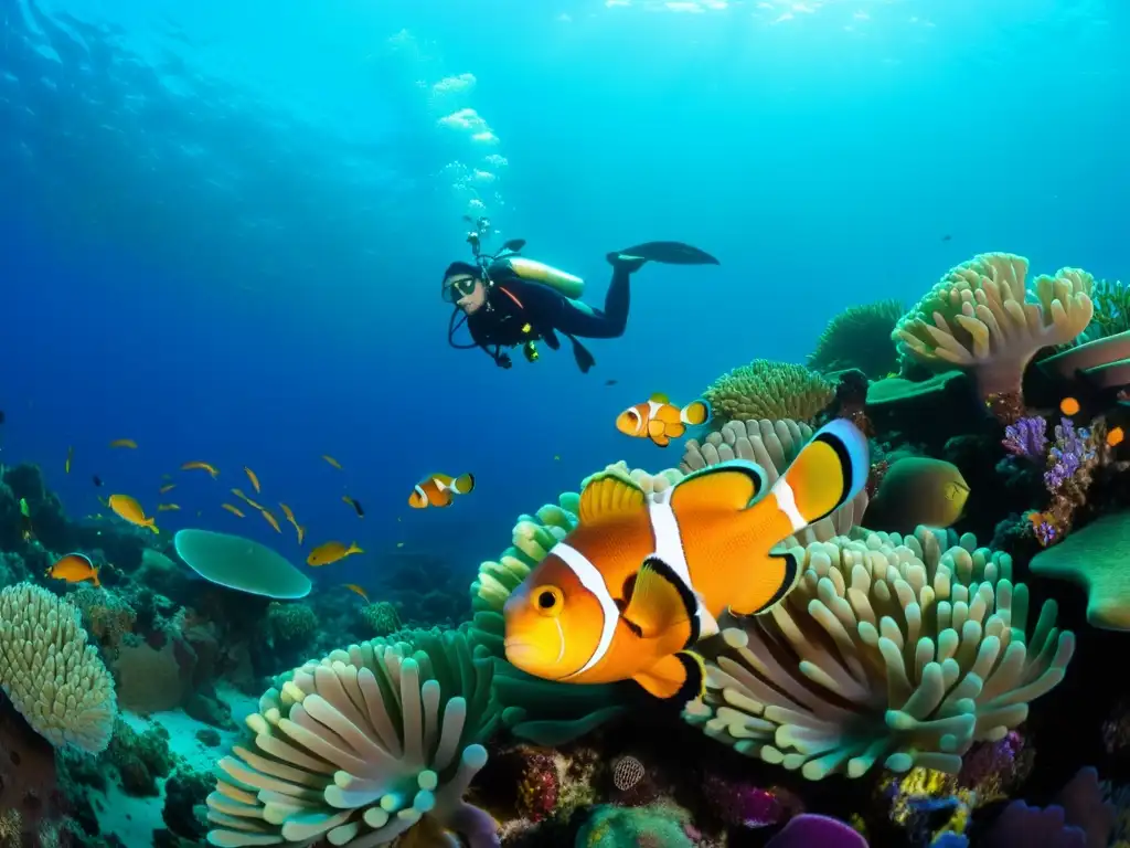 Vibrante escena de reproducción en un arrecife de coral, con peces payaso y otros peces en cortejo