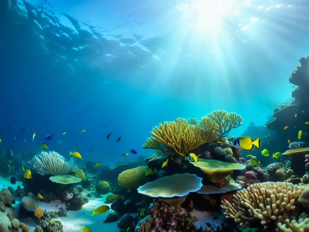 Una vibrante escena marina de un arrecife de coral rebosante de vida acuática, capturando la belleza y complejidad del ecosistema marino