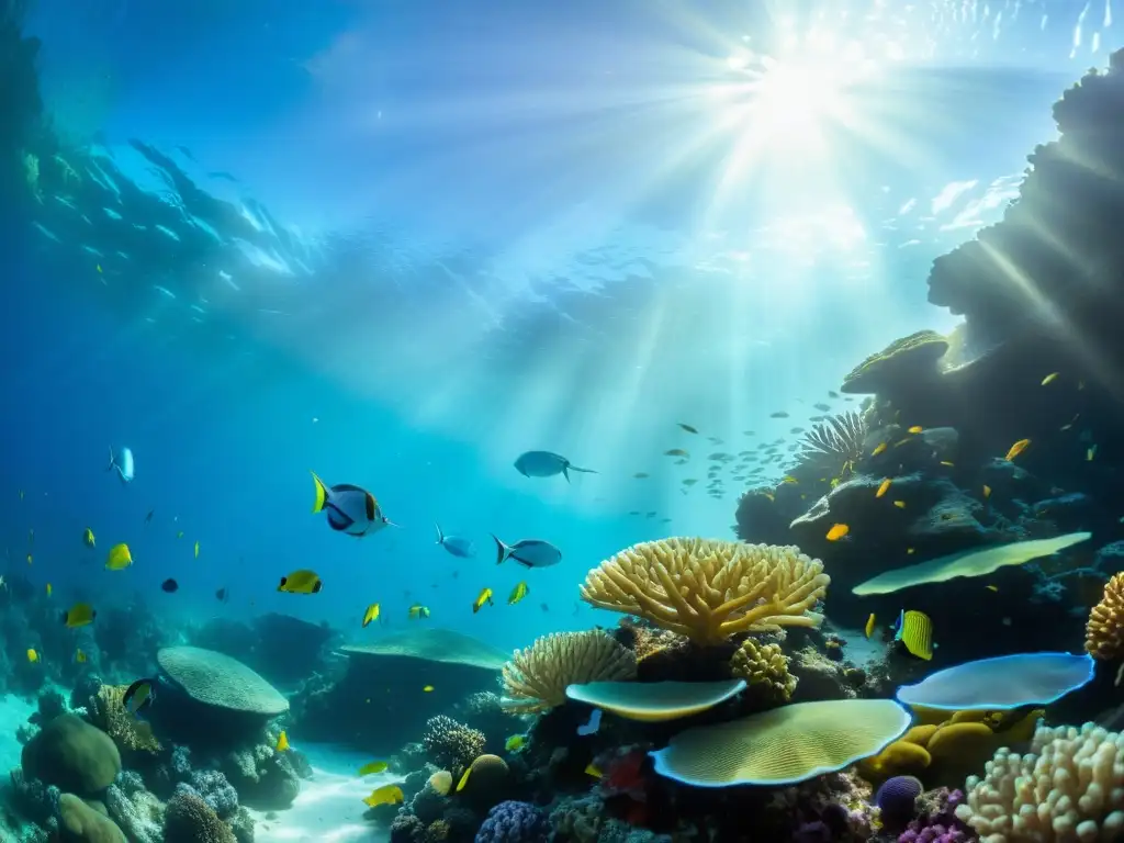 Una vibrante escena marina con diversa vida acuática y un arrecife de coral colorido