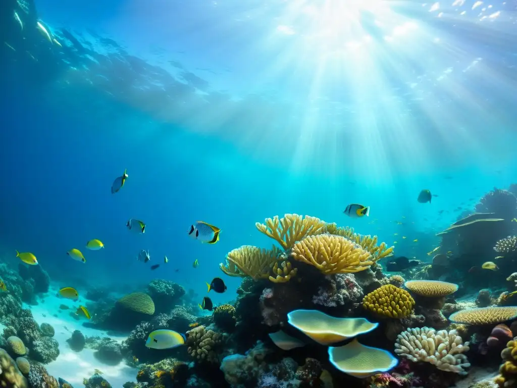 Una vibrante escena marina con la mejor feria marítima y la herencia naval en un arrecife de coral, mostrando peces coloridos y formaciones de coral