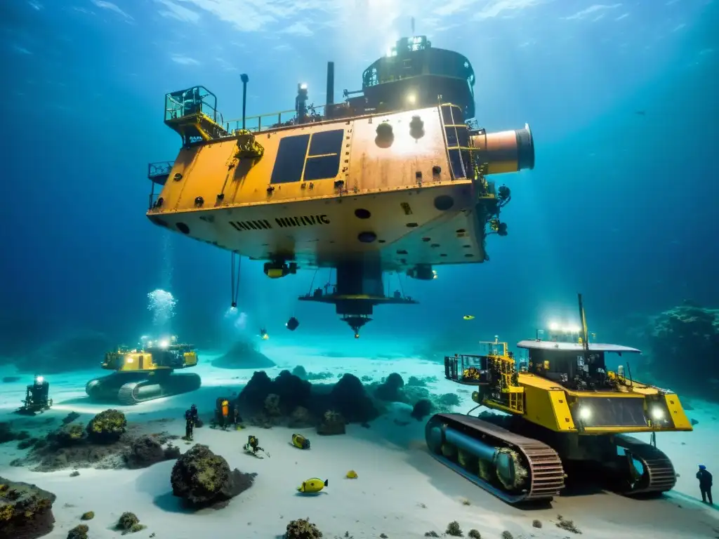 Vibrante escena de minería submarina lecho marino con maquinaria y vida marina contrastante en el lecho marino, destacando impacto ambiental y ético