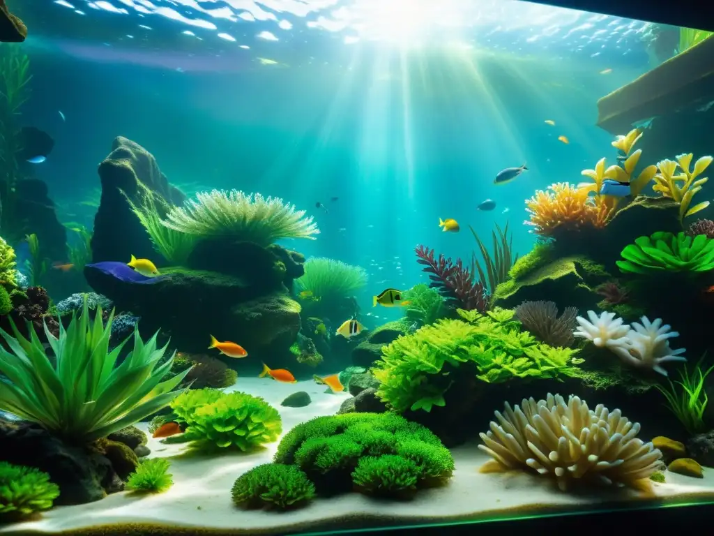 Vibrante escena submarina en acuario, con plantas y peces coloridos