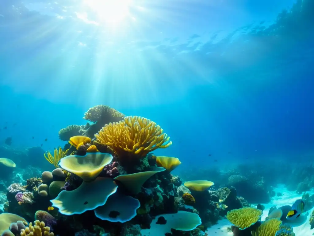 Una vibrante escena submarina con un arrecife de coral repleto de vida marina y belleza, narrativa visual entornos marinos extremos